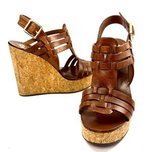 Tory Burch Leslie Sandal Size 6 Brown Leather Cork Platform Wedge